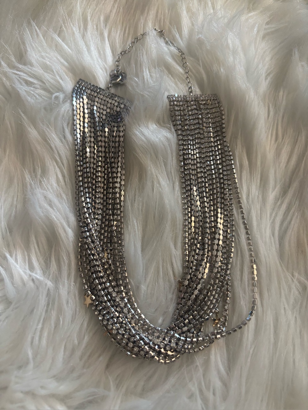 Betsey Johnson Silver Multi-Strand Rhinestone Fringe Necklace